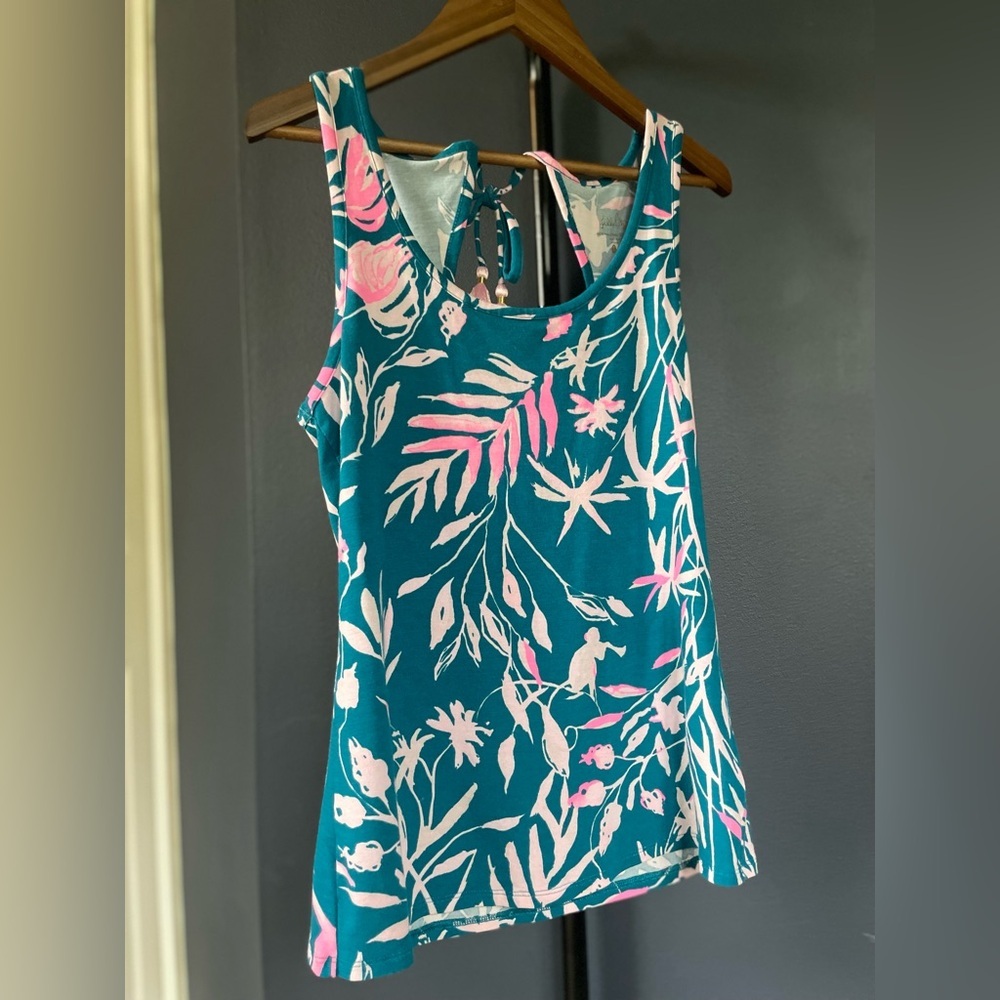 Lilly Pulitzer Teal & Pink Sleeveless Scoopneck Tropical Floral Tank, Tassel Tie - Picture 3 of 10